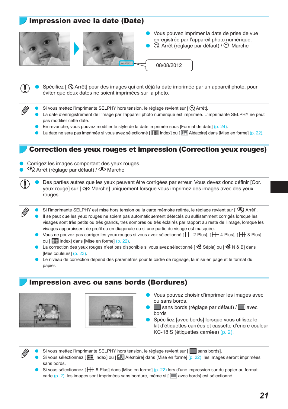 Impression avec la date (date), Impression avec ou sans bords (bordures) | Canon SELPHY CP900 User Manual | Page 246 / 514