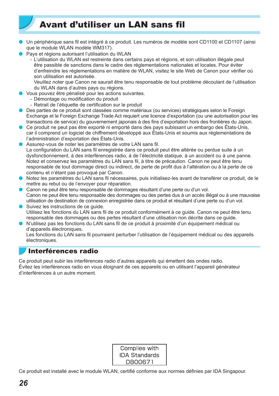 Avant d’utiliser un lan sans fil, Interférences radio | Canon SELPHY CP900 User Manual | Page 251 / 514