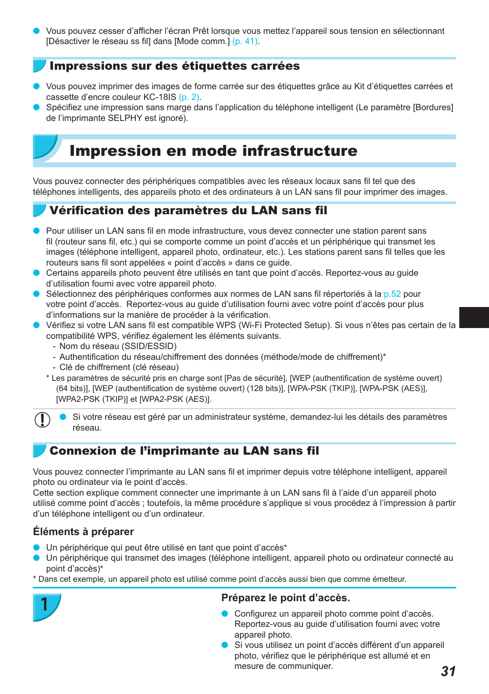 Impression en mode infrastructure, Impressions sur des étiquettes carrées, Vérification des paramètres du lan sans fil | Connexion de l’imprimante au lan sans fil | Canon SELPHY CP900 User Manual | Page 256 / 514