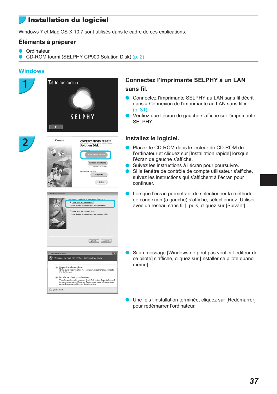 Installation du logiciel | Canon SELPHY CP900 User Manual | Page 262 / 514