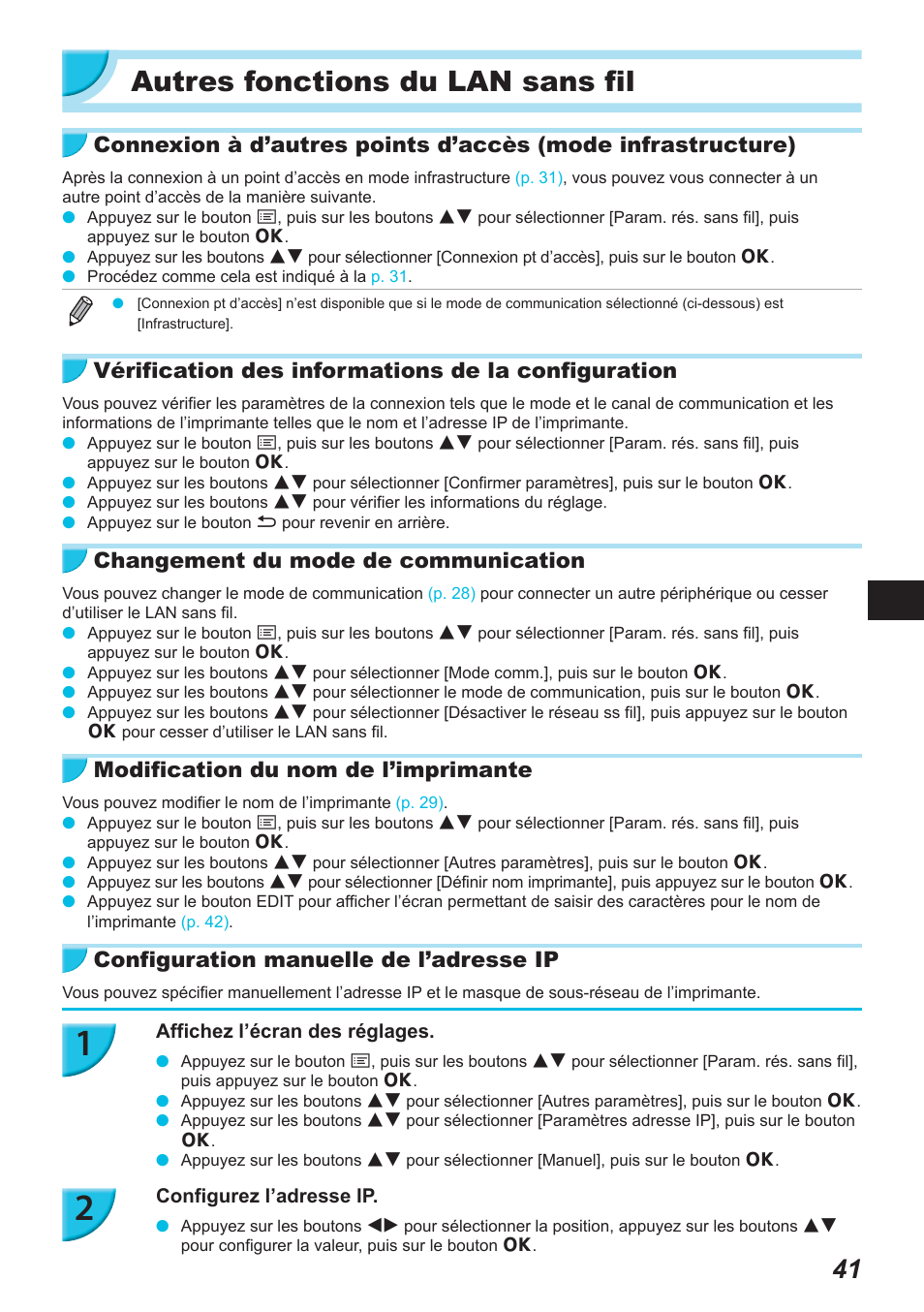 Autres fonctions du lan sans fil, Vérification des informations de la configuration, Changement du mode de communication | Modification du nom de l’imprimante, Configuration manuelle de l’adresse ip | Canon SELPHY CP900 User Manual | Page 266 / 514