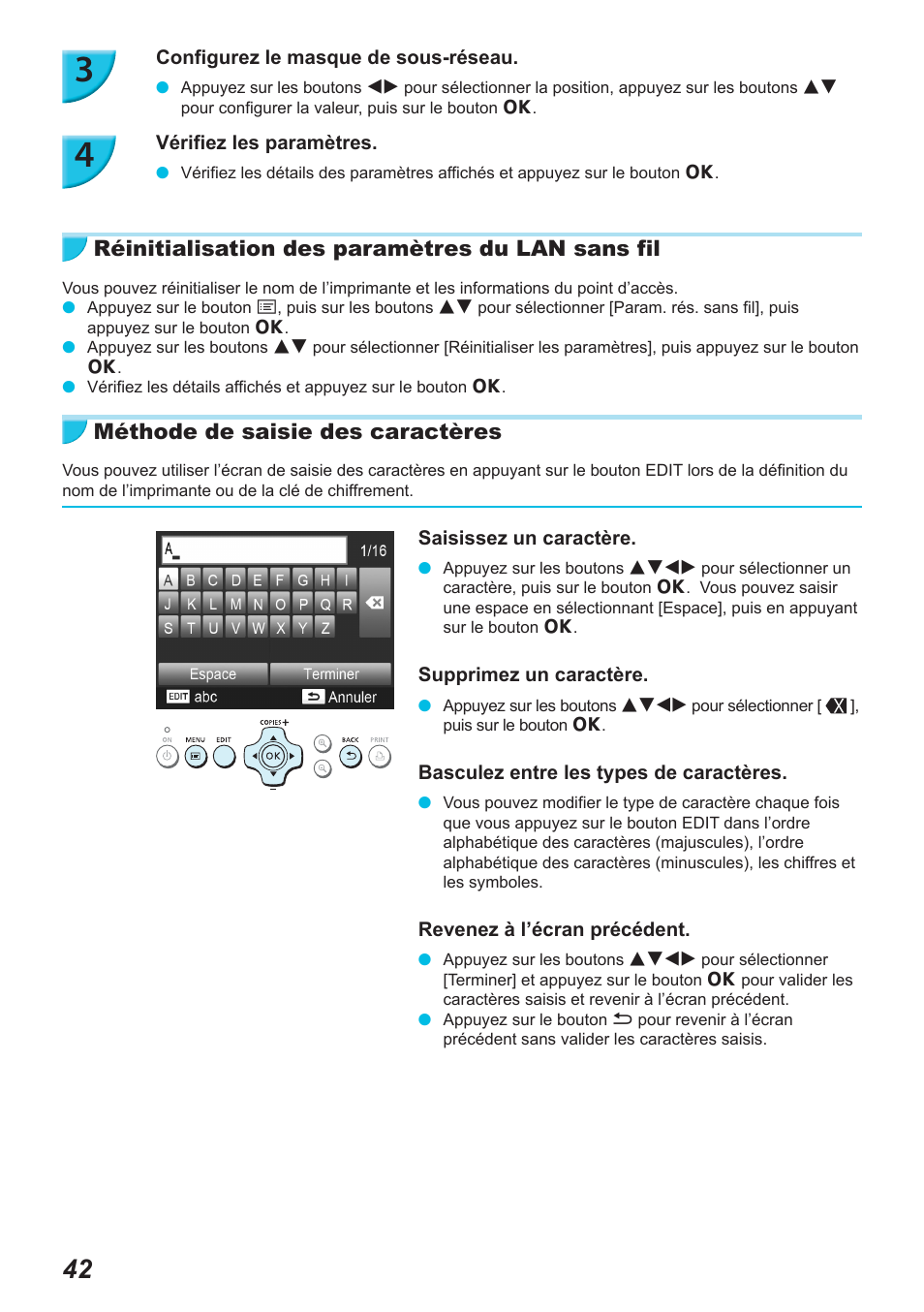 Réinitialisation des paramètres du lan sans fil, Méthode de saisie des caractères | Canon SELPHY CP900 User Manual | Page 267 / 514