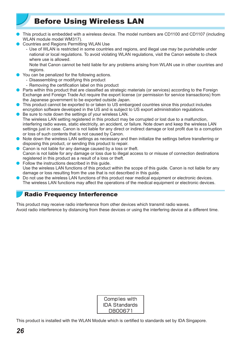 Before using wireless lan, Radio frequency interference | Canon SELPHY CP900 User Manual | Page 27 / 514