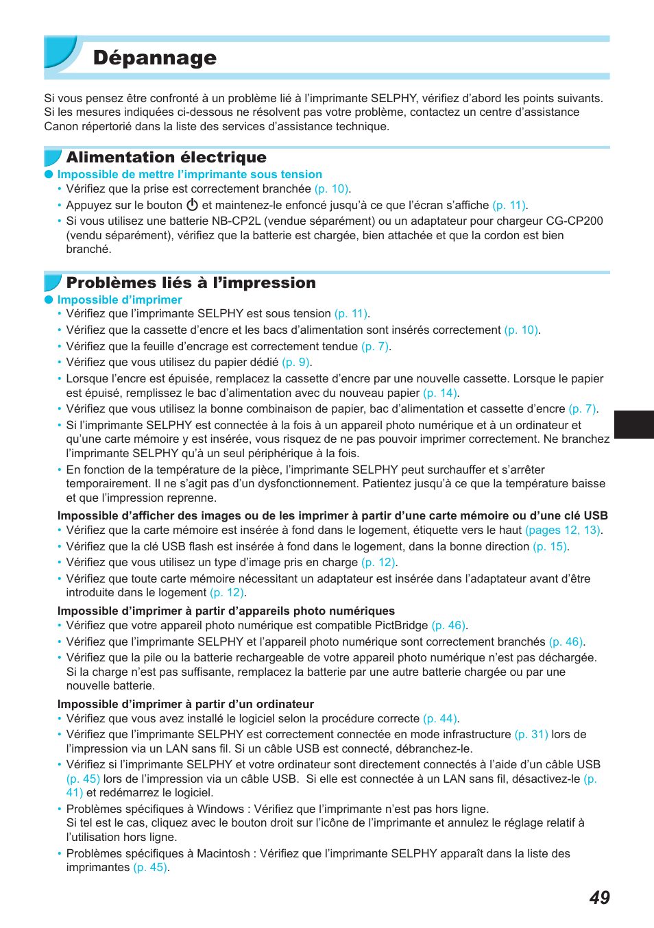 Dépannage, Alimentation électrique, Problèmes liés à l’impression | Canon SELPHY CP900 User Manual | Page 274 / 514