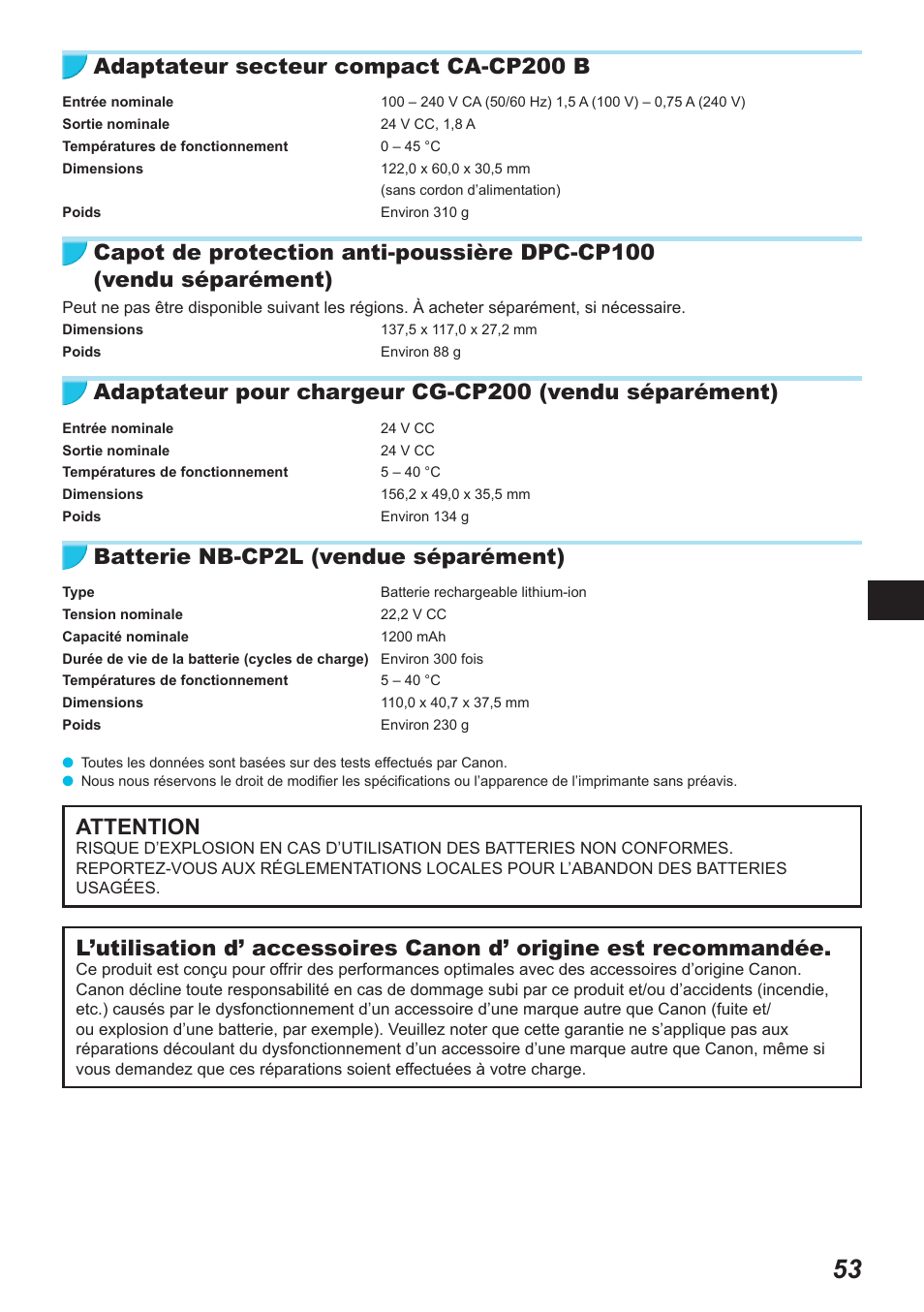 Adaptateur secteur compact ca-cp200 b, Batterie nb-cp2l (vendue séparément), Attention | Canon SELPHY CP900 User Manual | Page 278 / 514