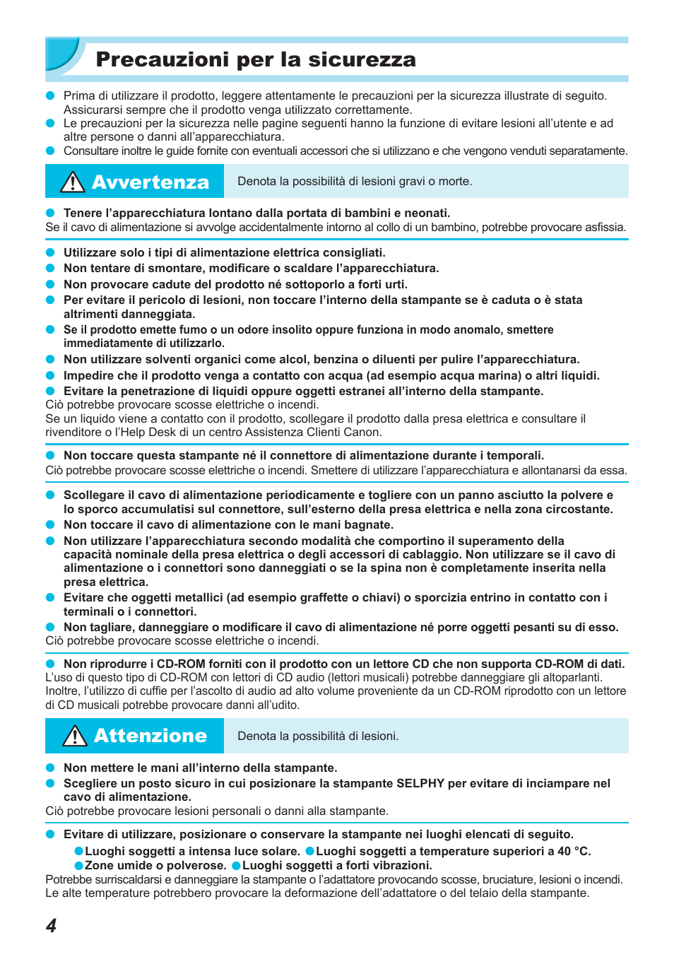 Precauzioni per la sicurezza, Avvertenza, Attenzione | Canon SELPHY CP900 User Manual | Page 285 / 514