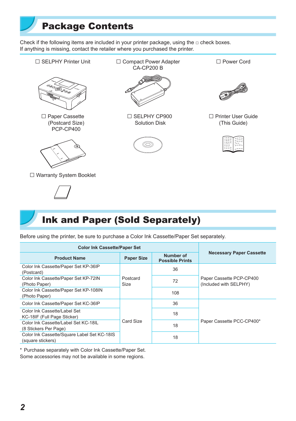 Package contents, Ink and paper (sold separately) | Canon SELPHY CP900 User Manual | Page 3 / 514