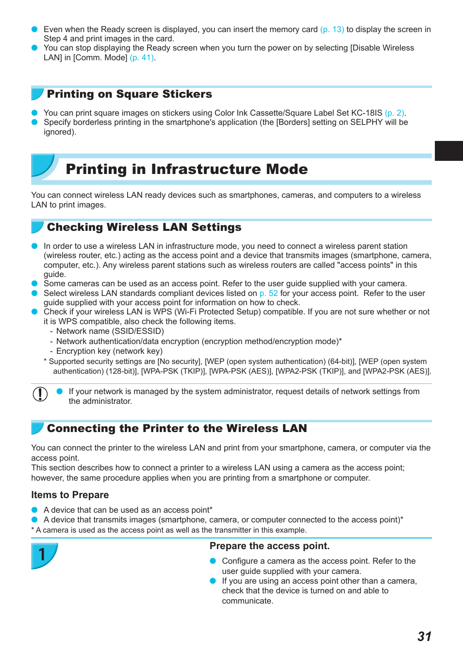 Printing in infrastructure mode, Printing on square stickers, Checking wireless lan settings | Connecting the printer to the wireless lan | Canon SELPHY CP900 User Manual | Page 32 / 514