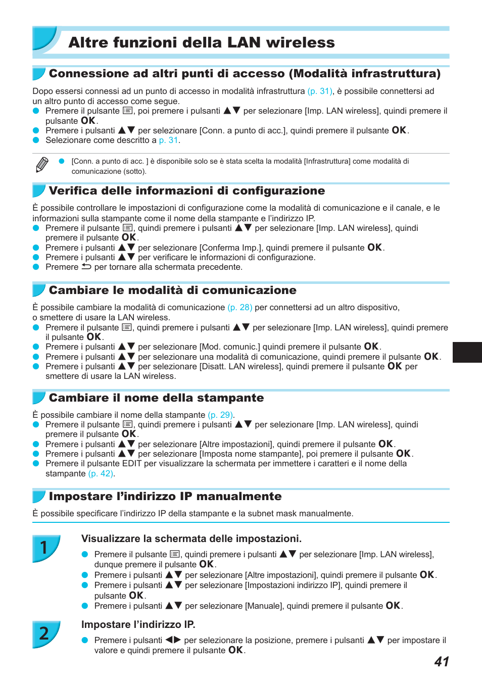 Altre funzioni della lan wireless, Verifica delle informazioni di configurazione, Cambiare le modalità di comunicazione | Cambiare il nome della stampante, Impostare l’indirizzo ip manualmente | Canon SELPHY CP900 User Manual | Page 322 / 514