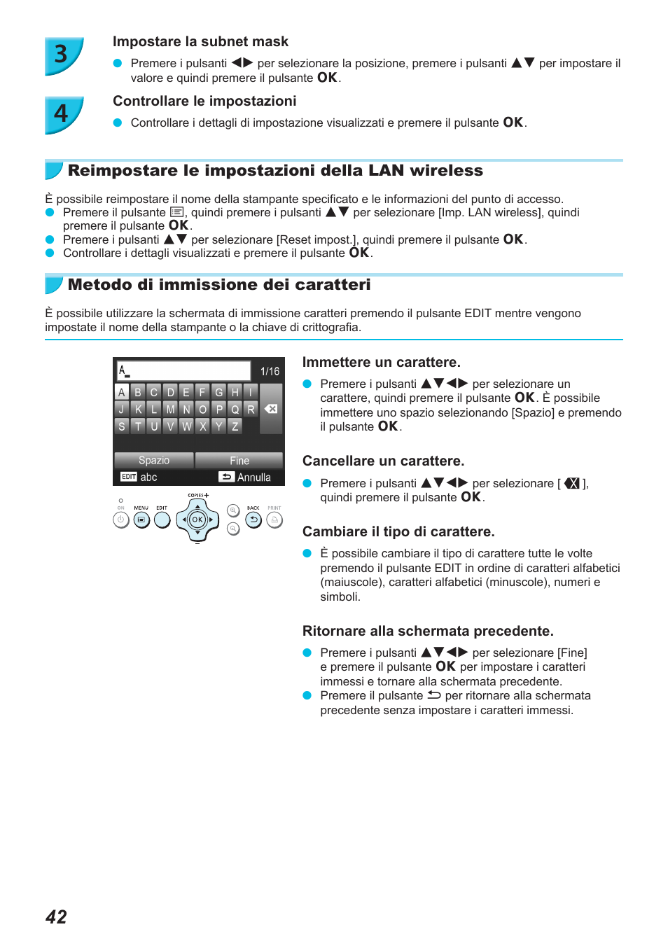 Reimpostare le impostazioni della lan wireless, Metodo di immissione dei caratteri | Canon SELPHY CP900 User Manual | Page 323 / 514