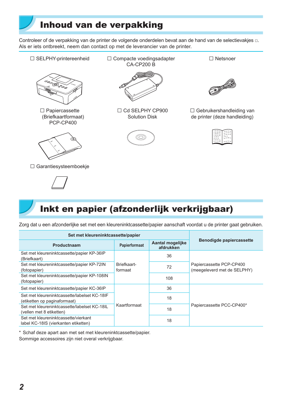 Inhoud van de verpakking, Inkt en papier (afzonderlijk verkrijgbaar) | Canon SELPHY CP900 User Manual | Page 339 / 514