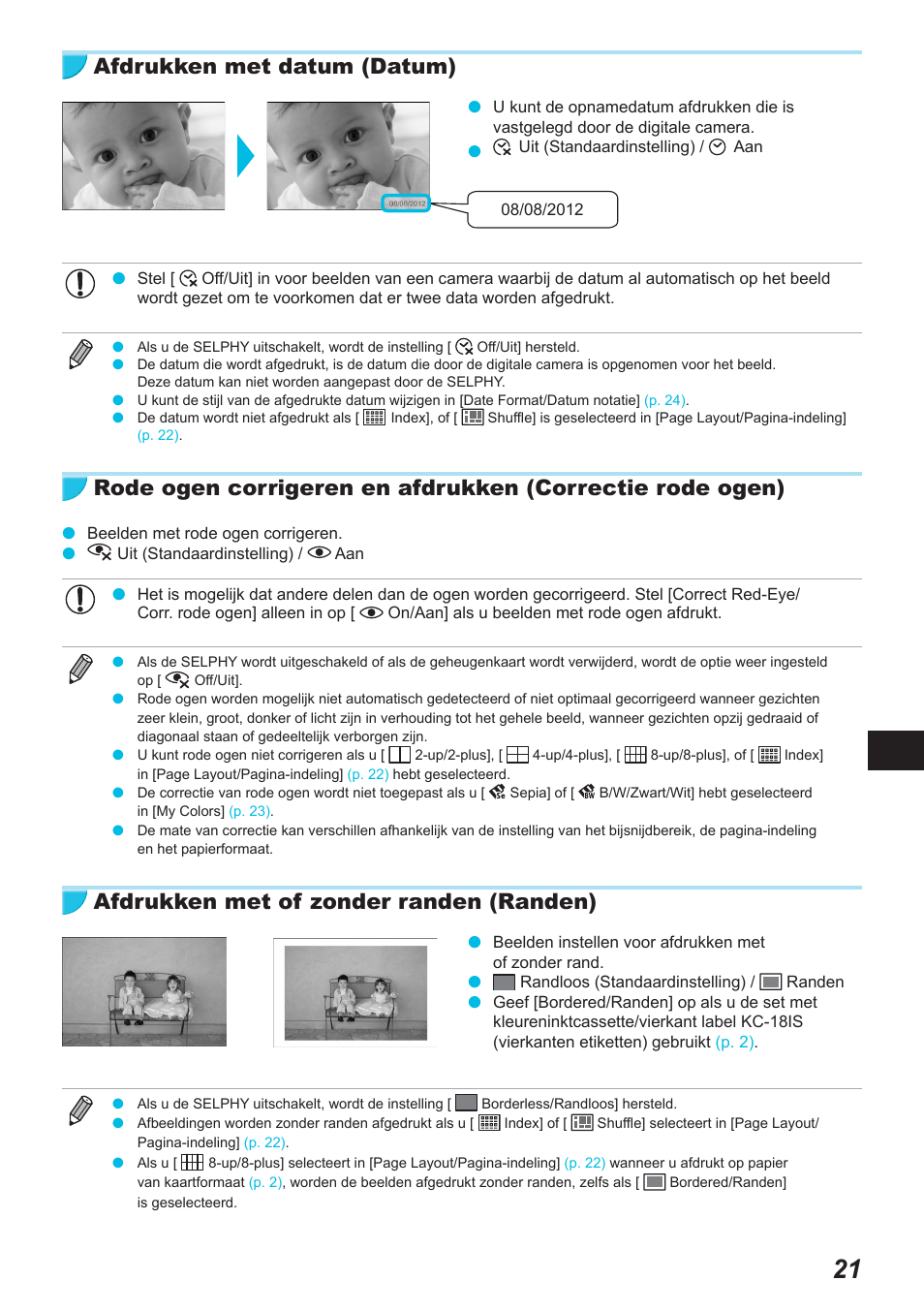 Afdrukken met datum (datum), Afdrukken met of zonder randen (randen) | Canon SELPHY CP900 User Manual | Page 358 / 514