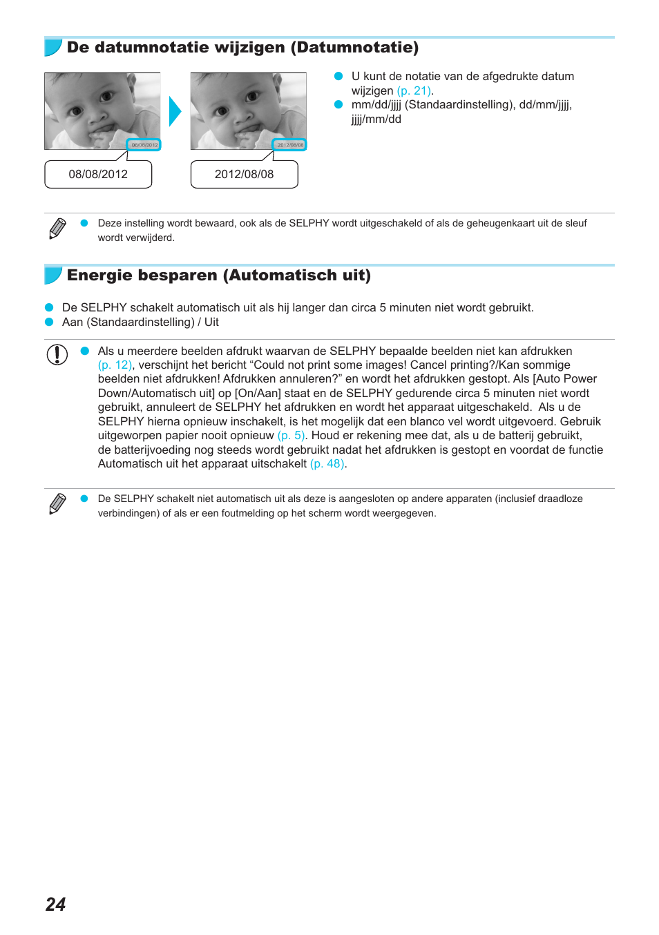 De datumnotatie wijzigen (datumnotatie), Energie besparen (automatisch uit) | Canon SELPHY CP900 User Manual | Page 361 / 514