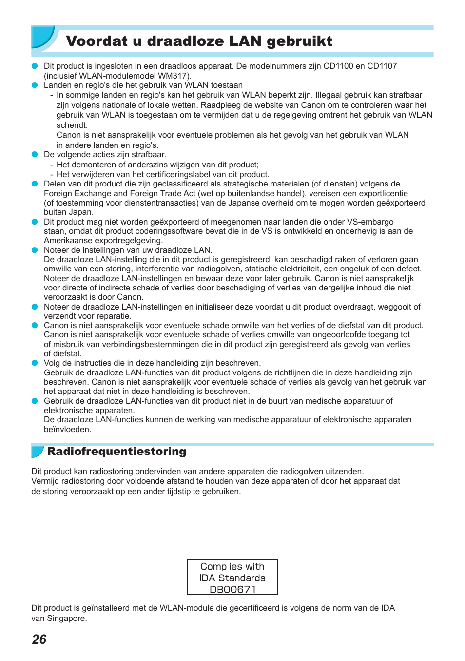 Voordat u draadloze lan gebruikt, Radiofrequentiestoring | Canon SELPHY CP900 User Manual | Page 363 / 514