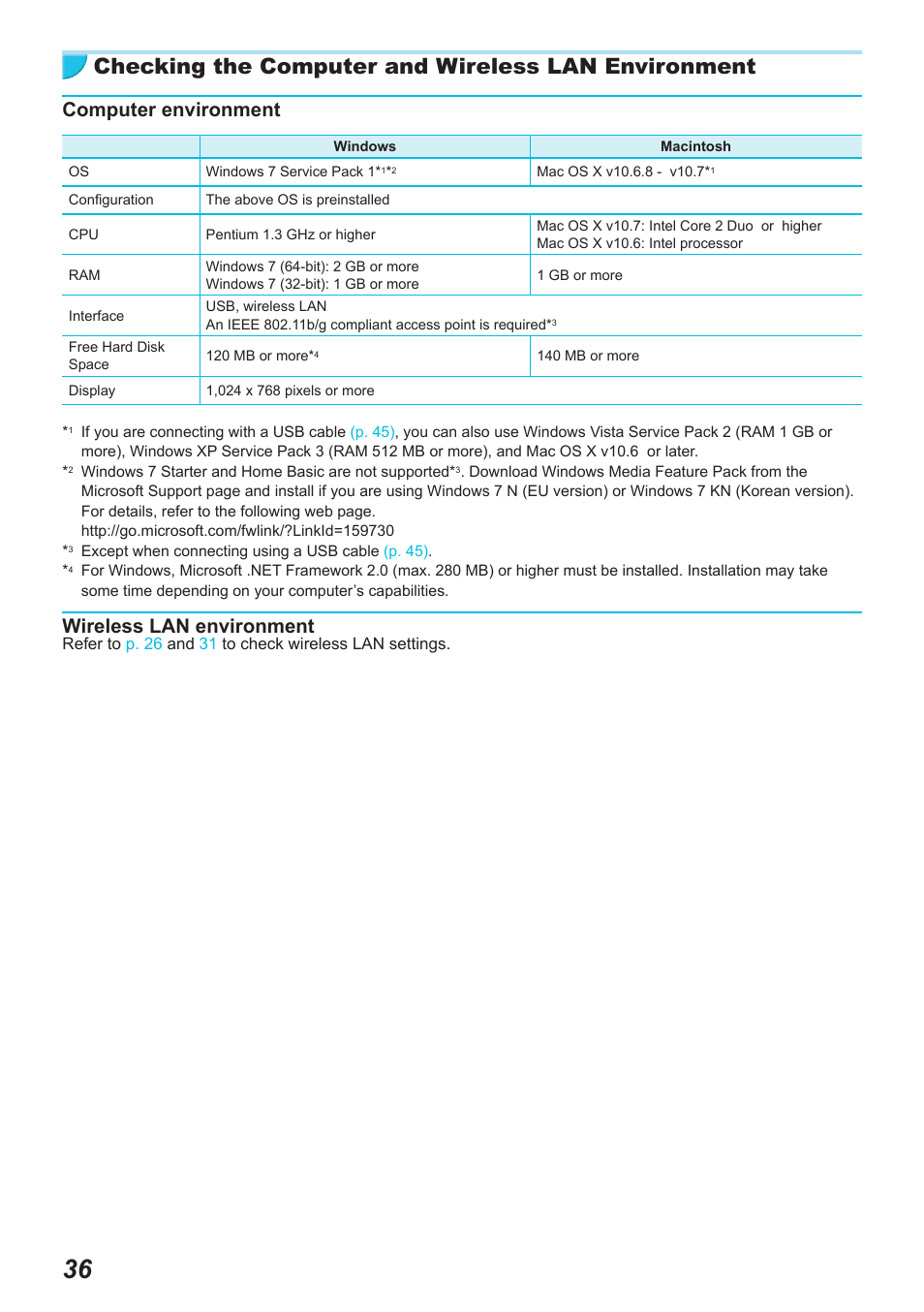 Checking the computer and wireless lan environment, Computer environment, Wireless lan environment | Canon SELPHY CP900 User Manual | Page 37 / 514