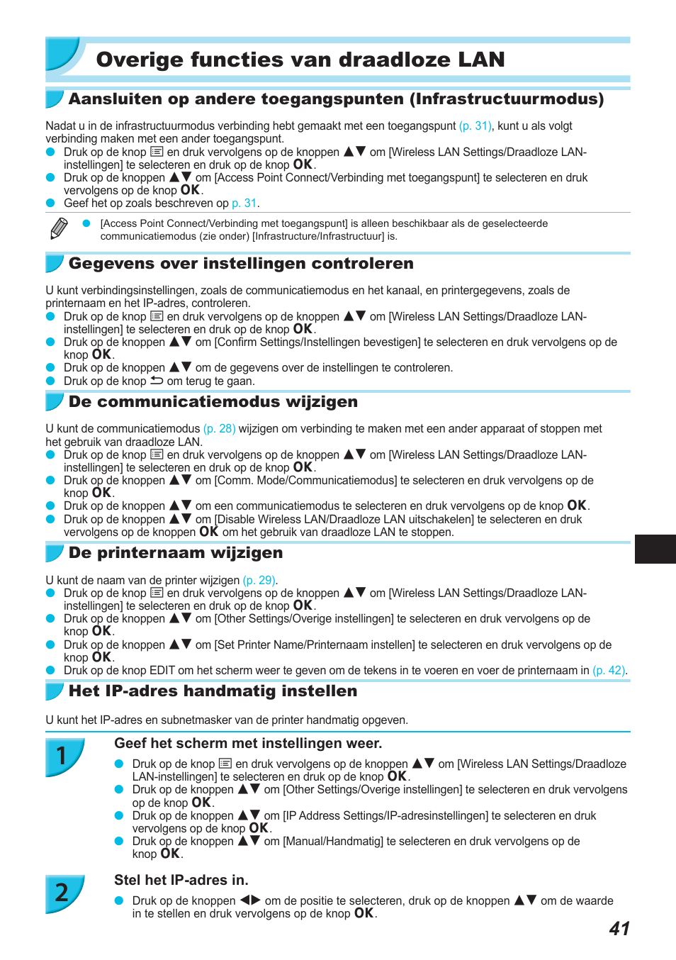 Overige functies van draadloze lan, Gegevens over instellingen controleren, De communicatiemodus wijzigen | De printernaam wijzigen, Het ip-adres handmatig instellen | Canon SELPHY CP900 User Manual | Page 378 / 514