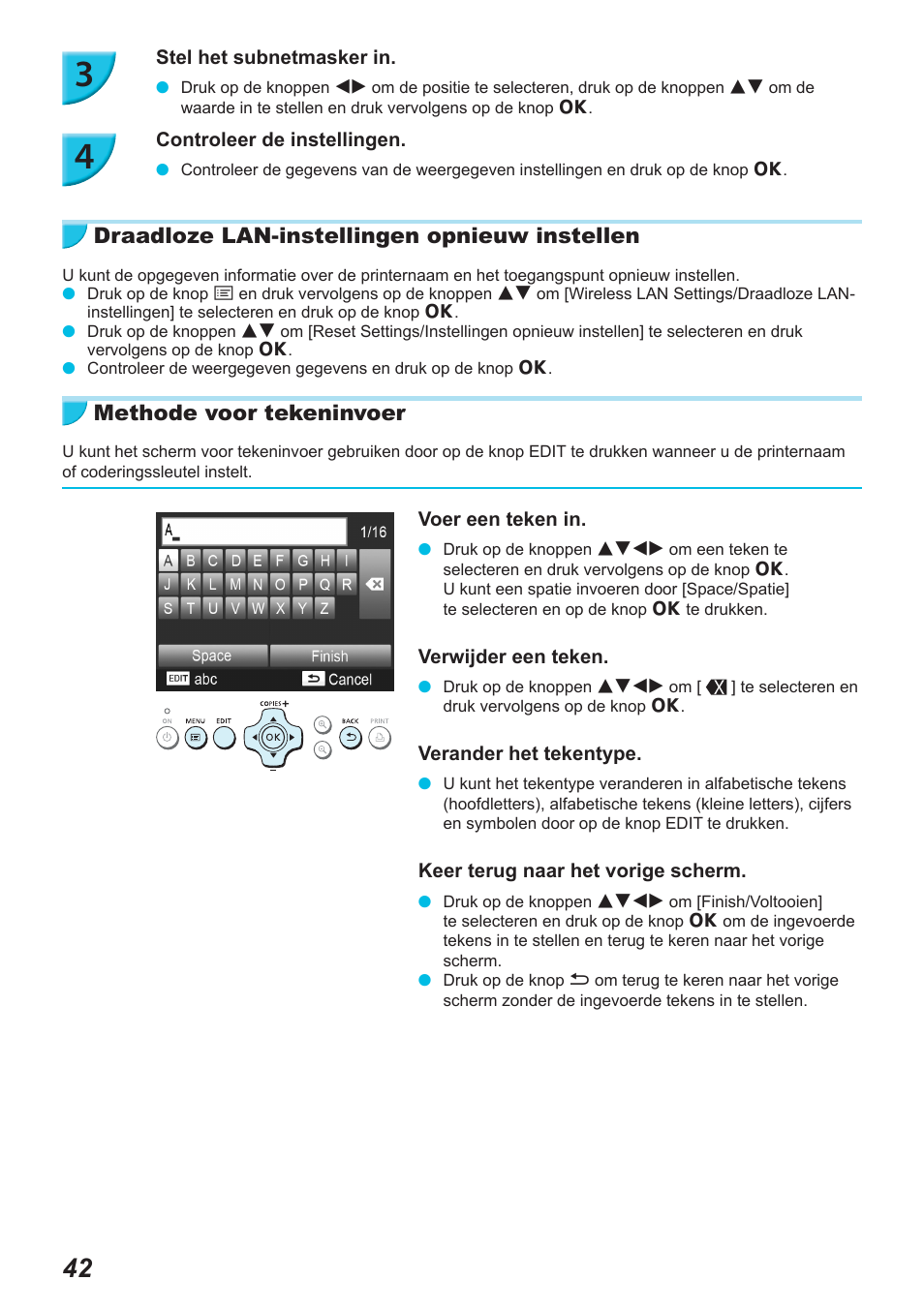 Draadloze lan-instellingen opnieuw instellen, Methode voor tekeninvoer | Canon SELPHY CP900 User Manual | Page 379 / 514