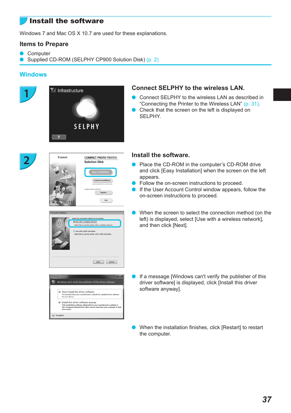Install the software | Canon SELPHY CP900 User Manual | Page 38 / 514