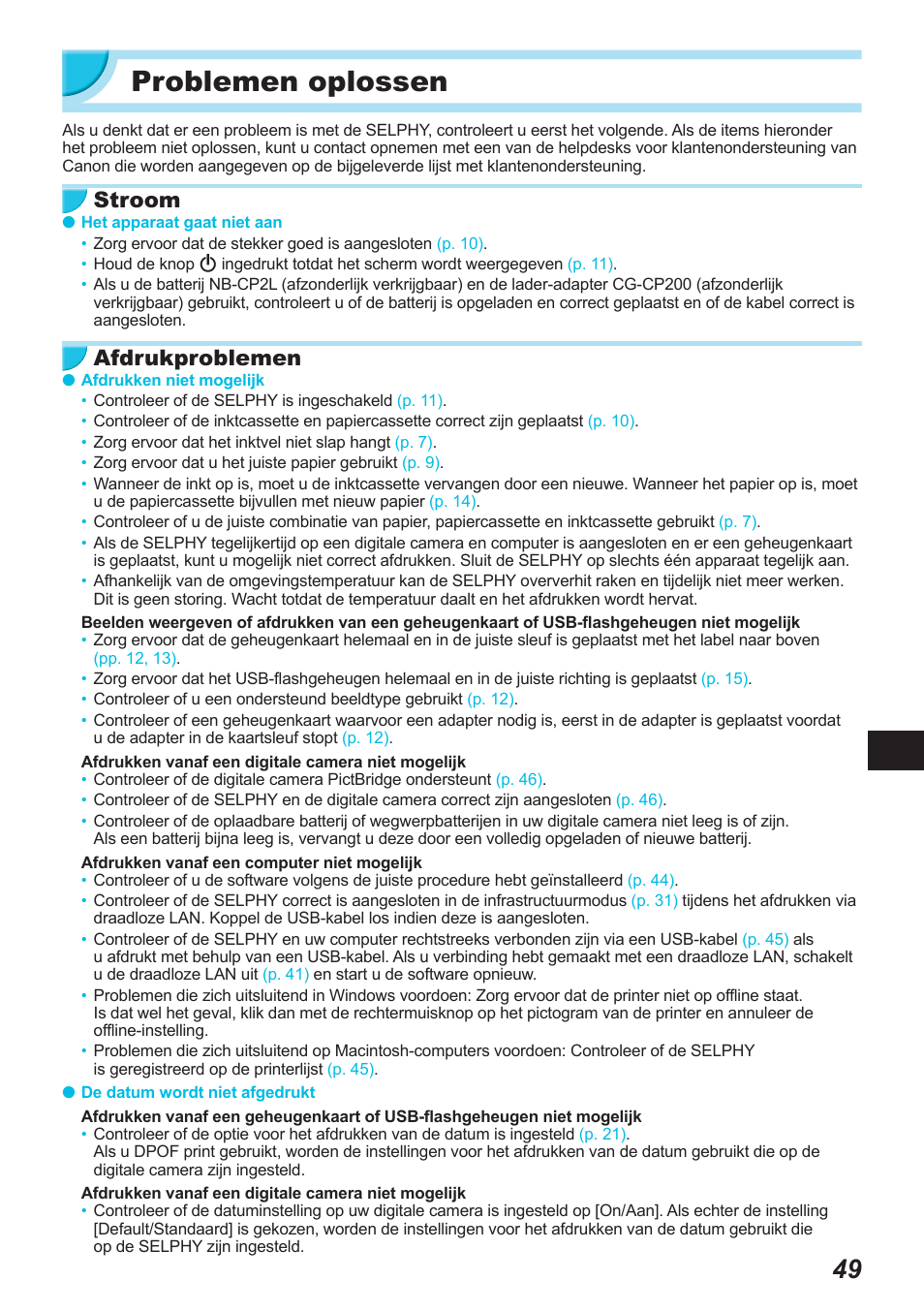 Problemen oplossen, Stroom, Afdrukproblemen | Canon SELPHY CP900 User Manual | Page 386 / 514