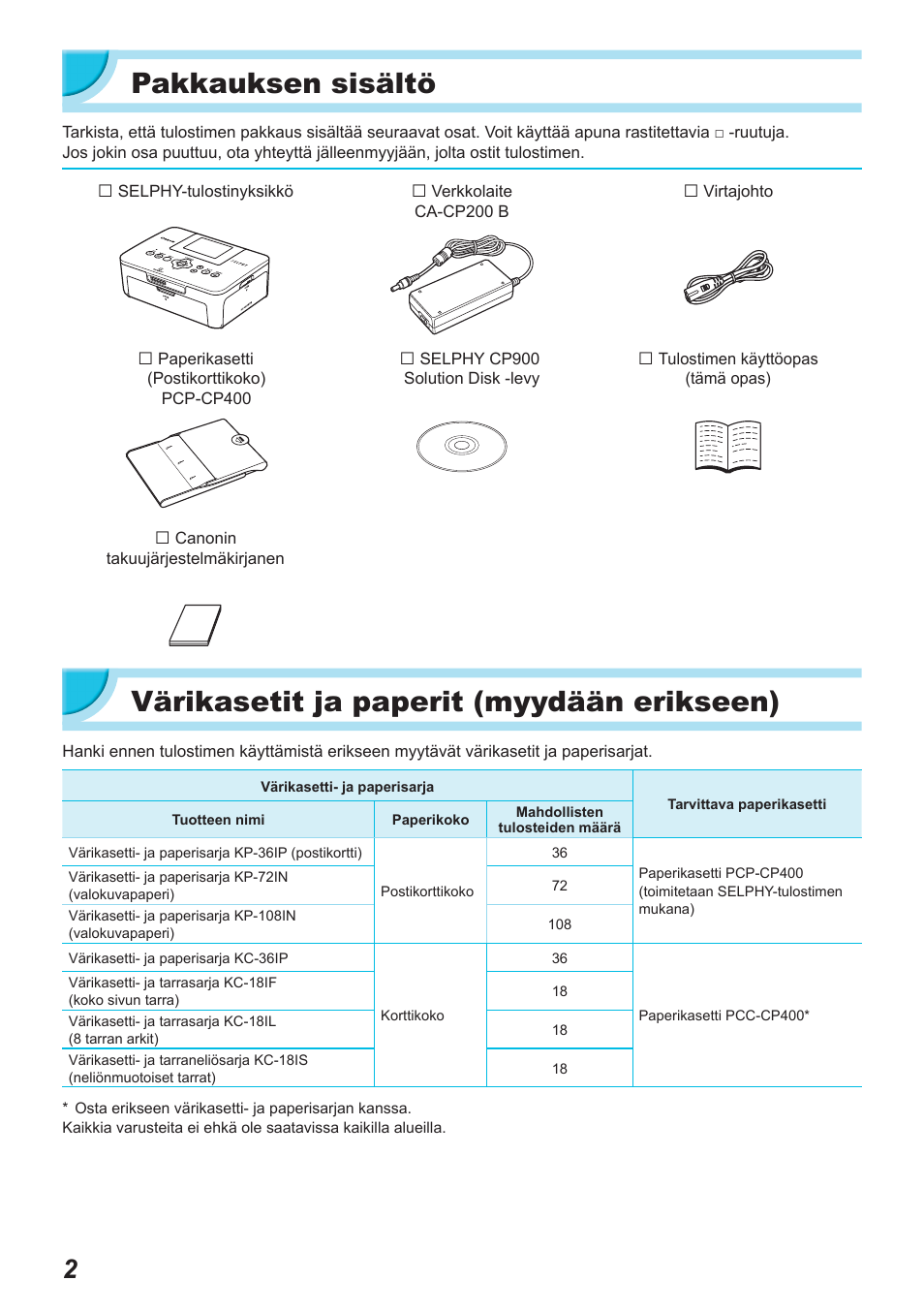 Pakkauksen sisältö, Värikasetit ja paperit (myydään erikseen) | Canon SELPHY CP900 User Manual | Page 395 / 514