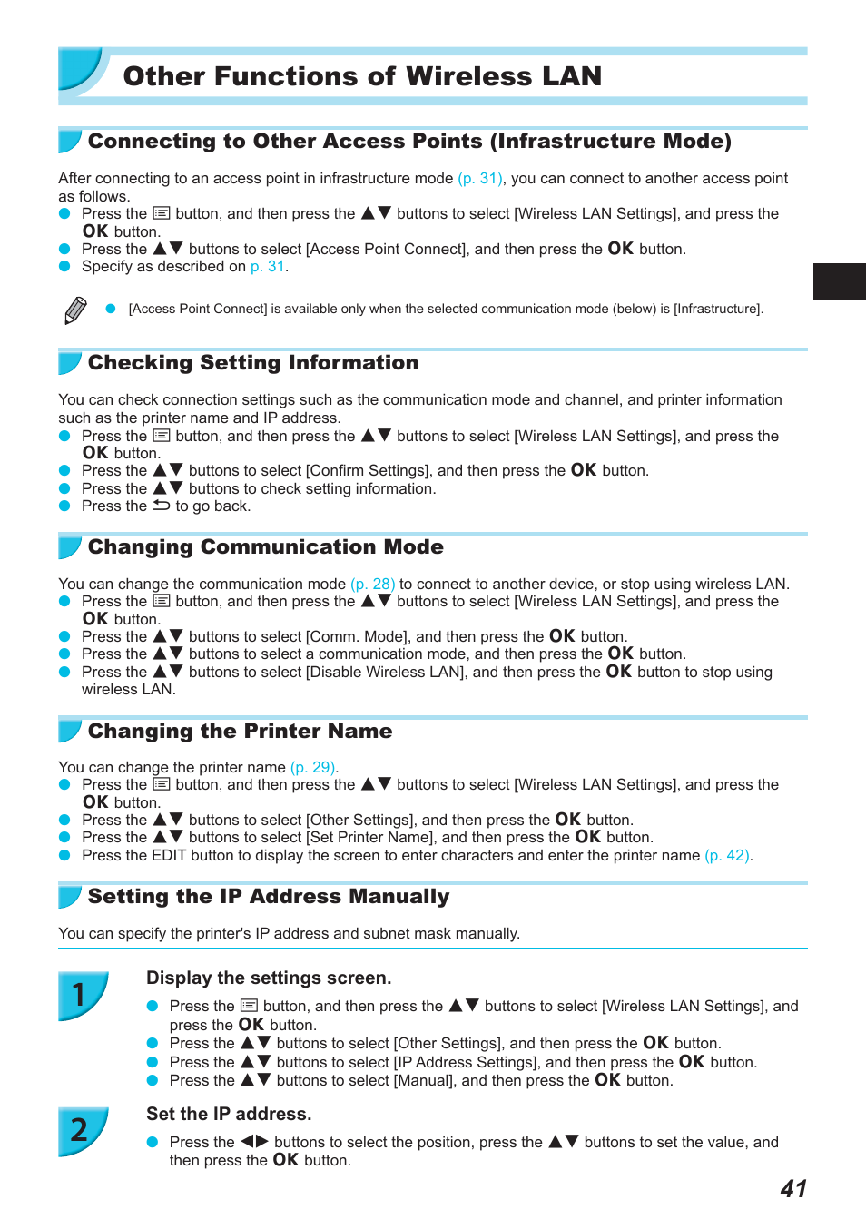 Other functions of wireless lan, Checking setting information, Changing communication mode | Changing the printer name, Setting the ip address manually | Canon SELPHY CP900 User Manual | Page 42 / 514