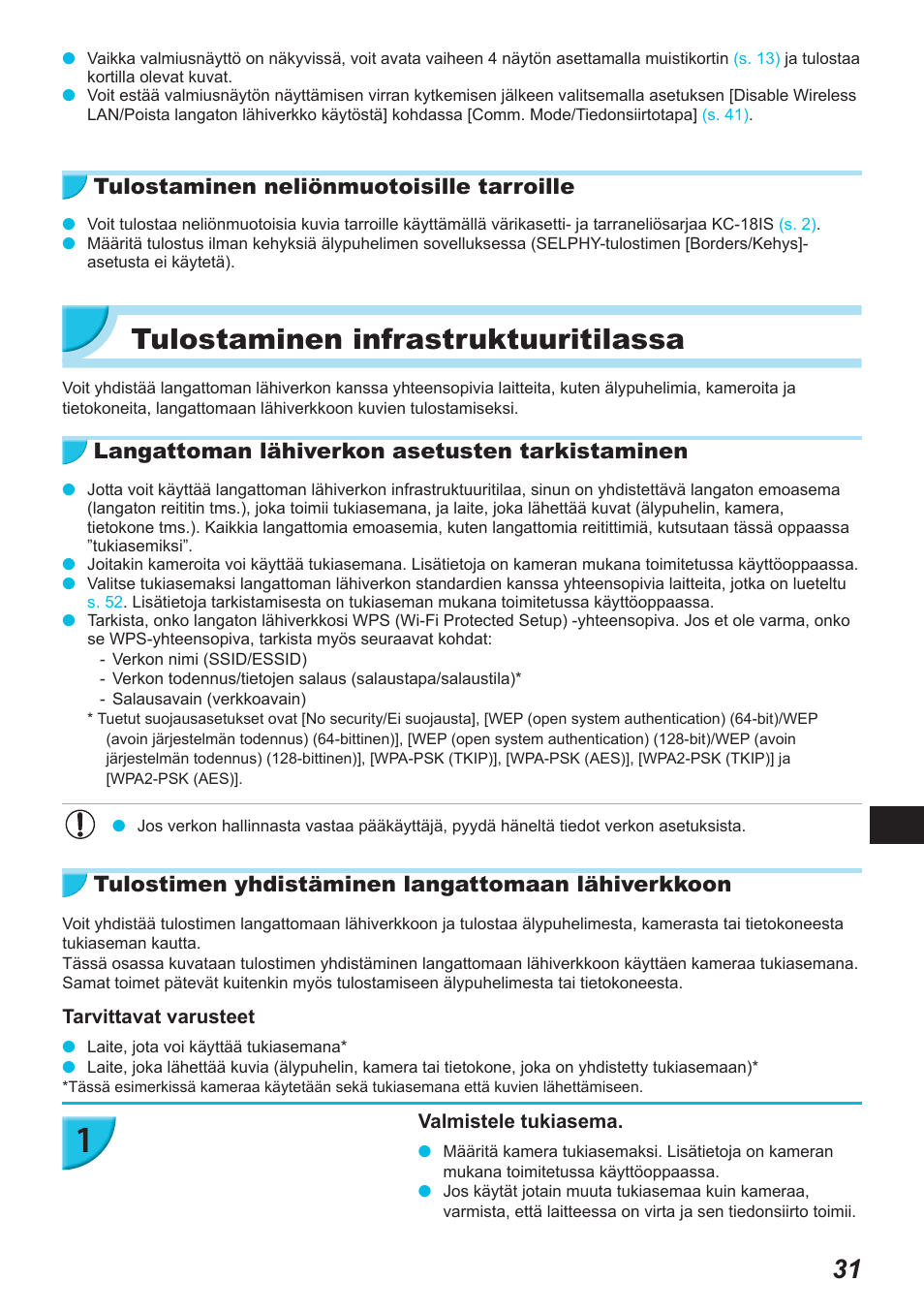 Tulostaminen infrastruktuuritilassa, Tulostaminen neliönmuotoisille tarroille, Langattoman lähiverkon asetusten tarkistaminen | Tulostimen yhdistäminen langattomaan lähiverkkoon | Canon SELPHY CP900 User Manual | Page 424 / 514