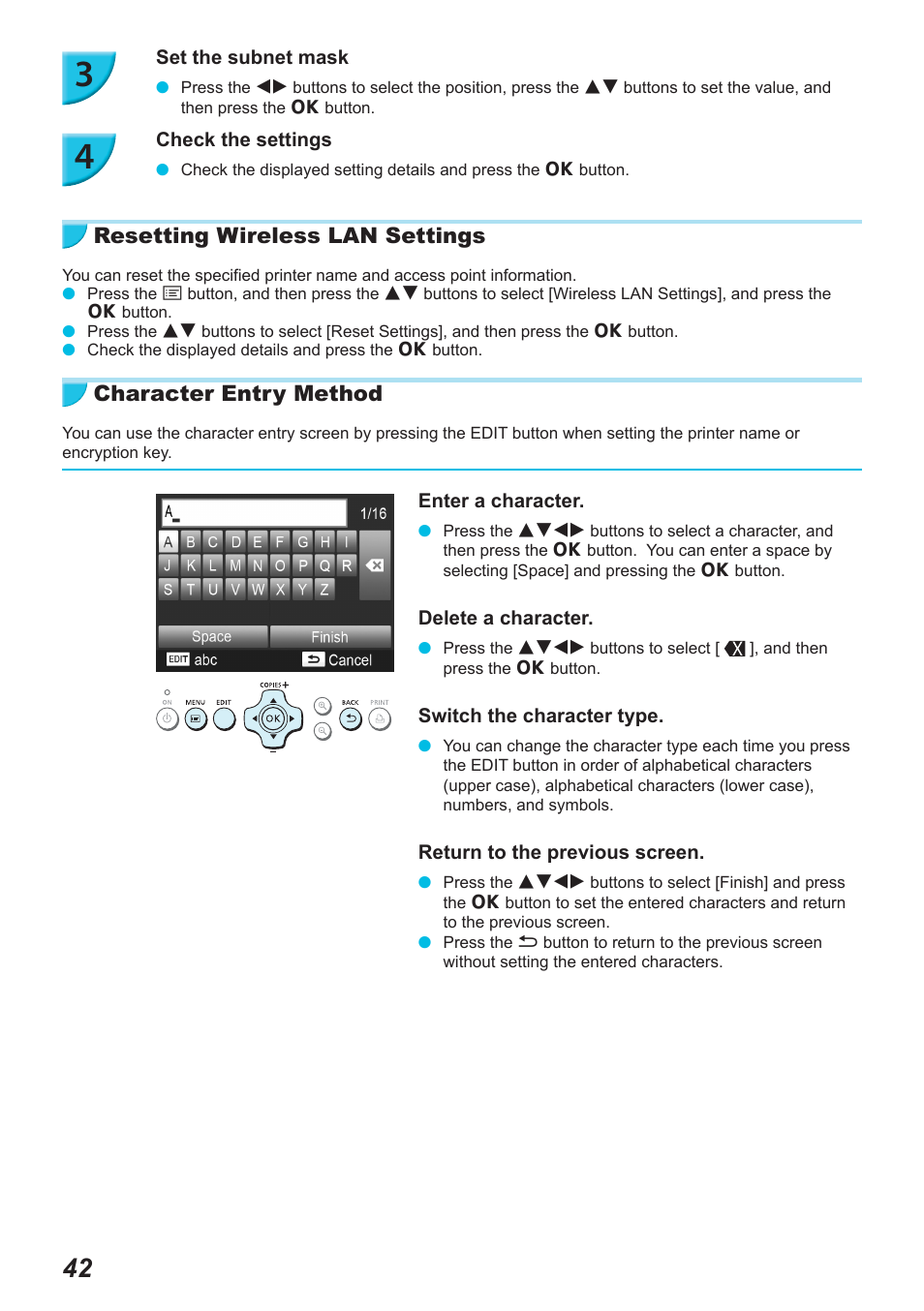 Resetting wireless lan settings, Character entry method | Canon SELPHY CP900 User Manual | Page 43 / 514