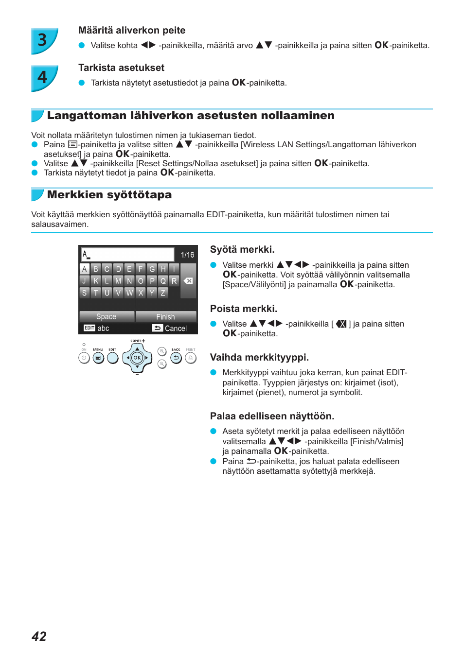 Langattoman lähiverkon asetusten nollaaminen, Merkkien syöttötapa | Canon SELPHY CP900 User Manual | Page 435 / 514