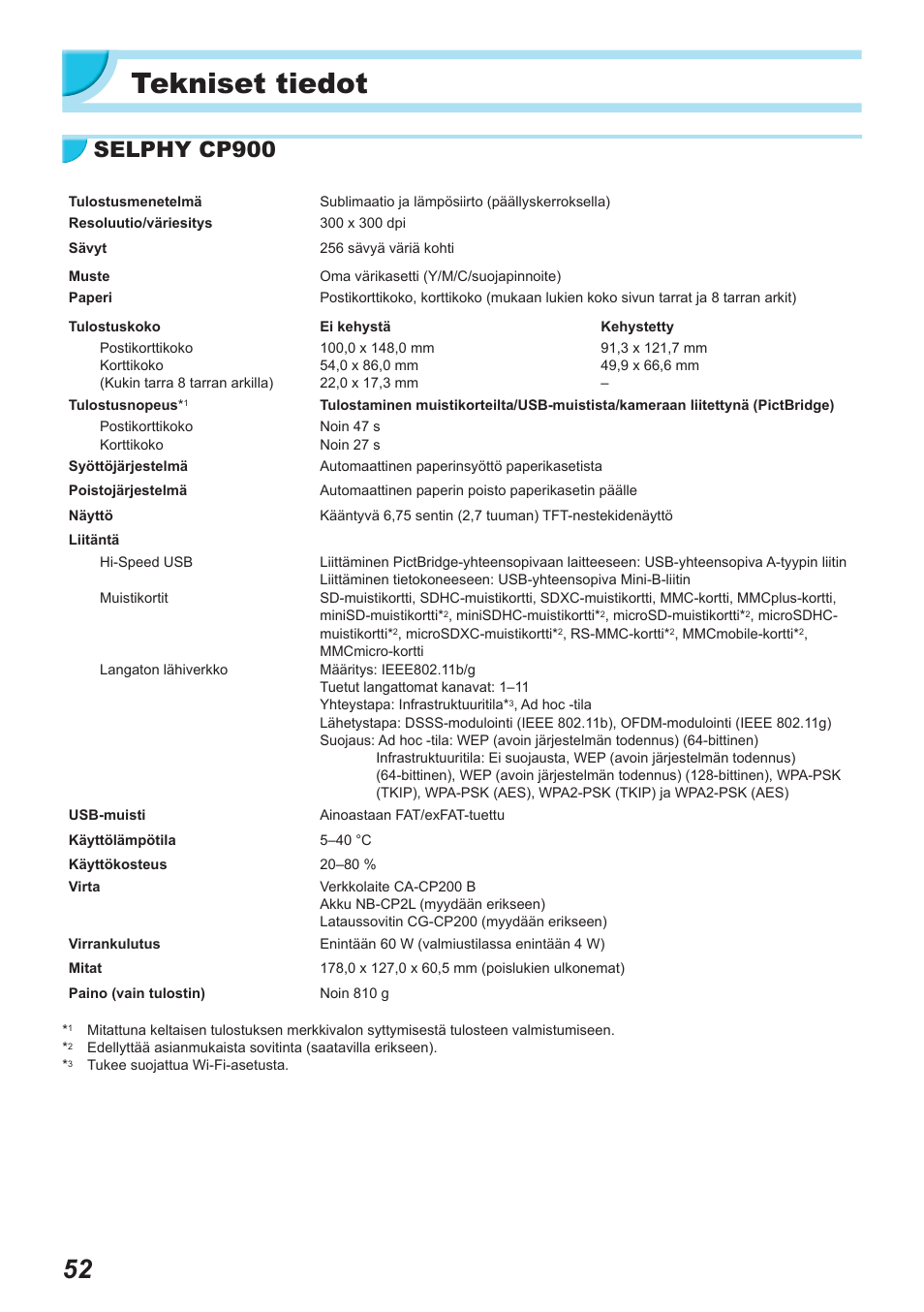 Tekniset tiedot, Selphy cp900 | Canon SELPHY CP900 User Manual | Page 445 / 514