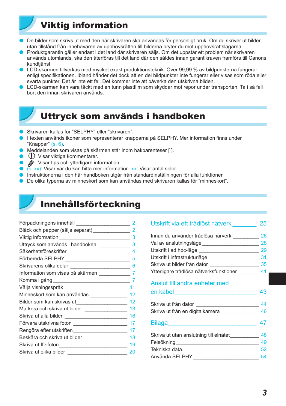 Viktig information, Uttryck som används i handboken, Innehållsförteckning | Canon SELPHY CP900 User Manual | Page 452 / 514