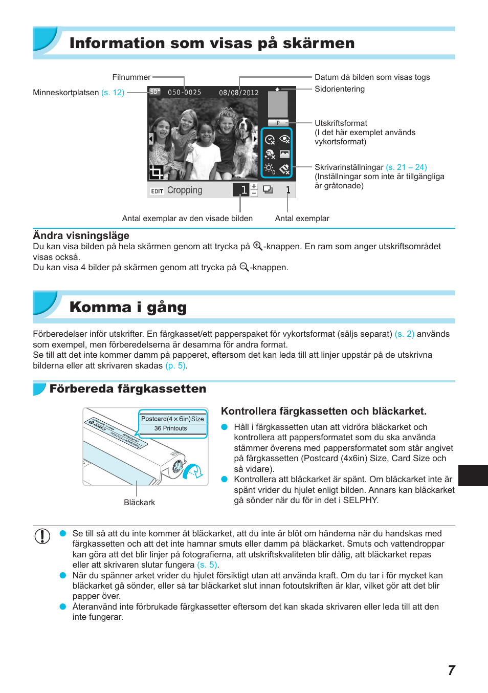 Information som visas på skärmen, Komma i gång, Förbereda färgkassetten | Canon SELPHY CP900 User Manual | Page 456 / 514