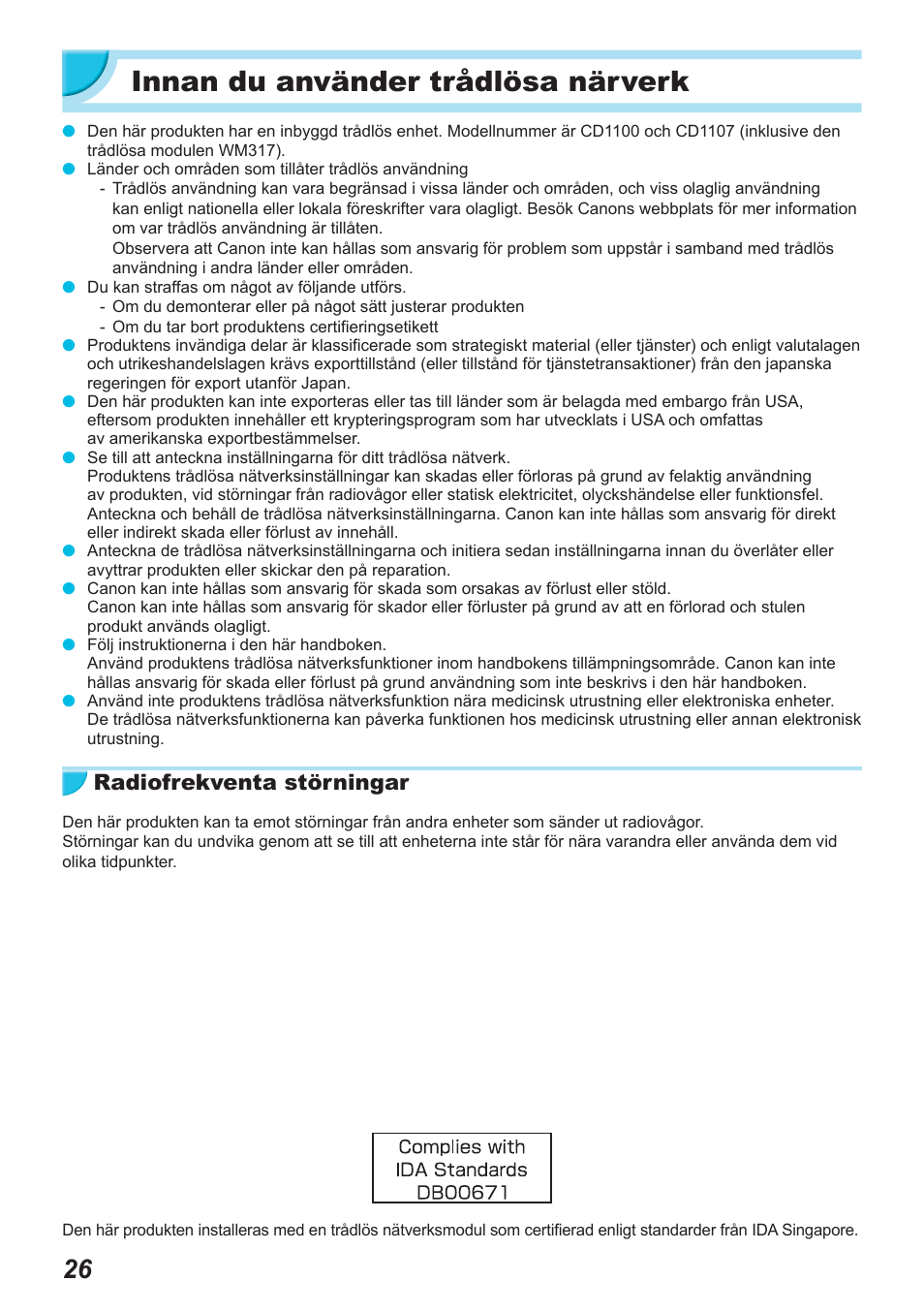 Innan du använder trådlösa närverk, Radiofrekventa störningar | Canon SELPHY CP900 User Manual | Page 475 / 514