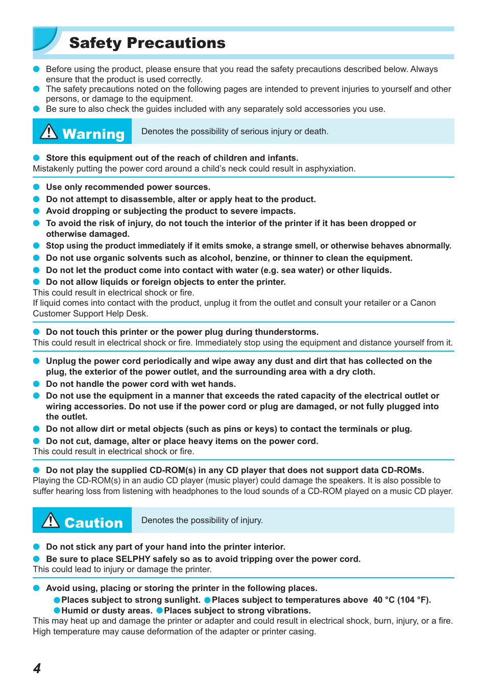 Safety precautions, Warning, Caution | Canon SELPHY CP900 User Manual | Page 5 / 514