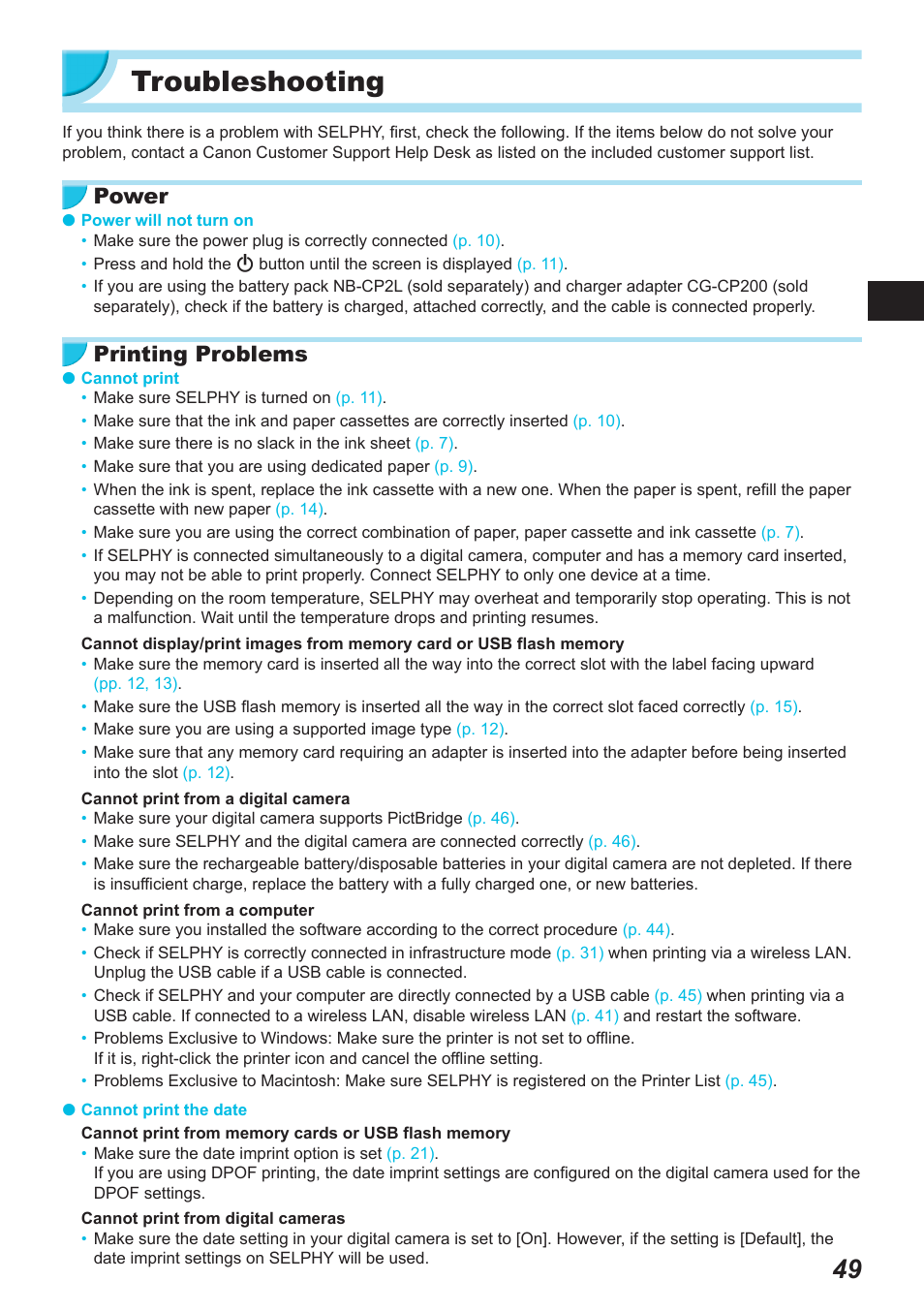 Troubleshooting, Power, Printing problems | Canon SELPHY CP900 User Manual | Page 50 / 514