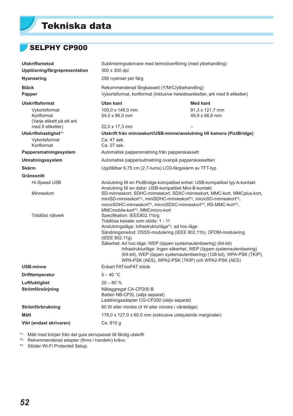 Tekniska data, Selphy cp900 | Canon SELPHY CP900 User Manual | Page 501 / 514