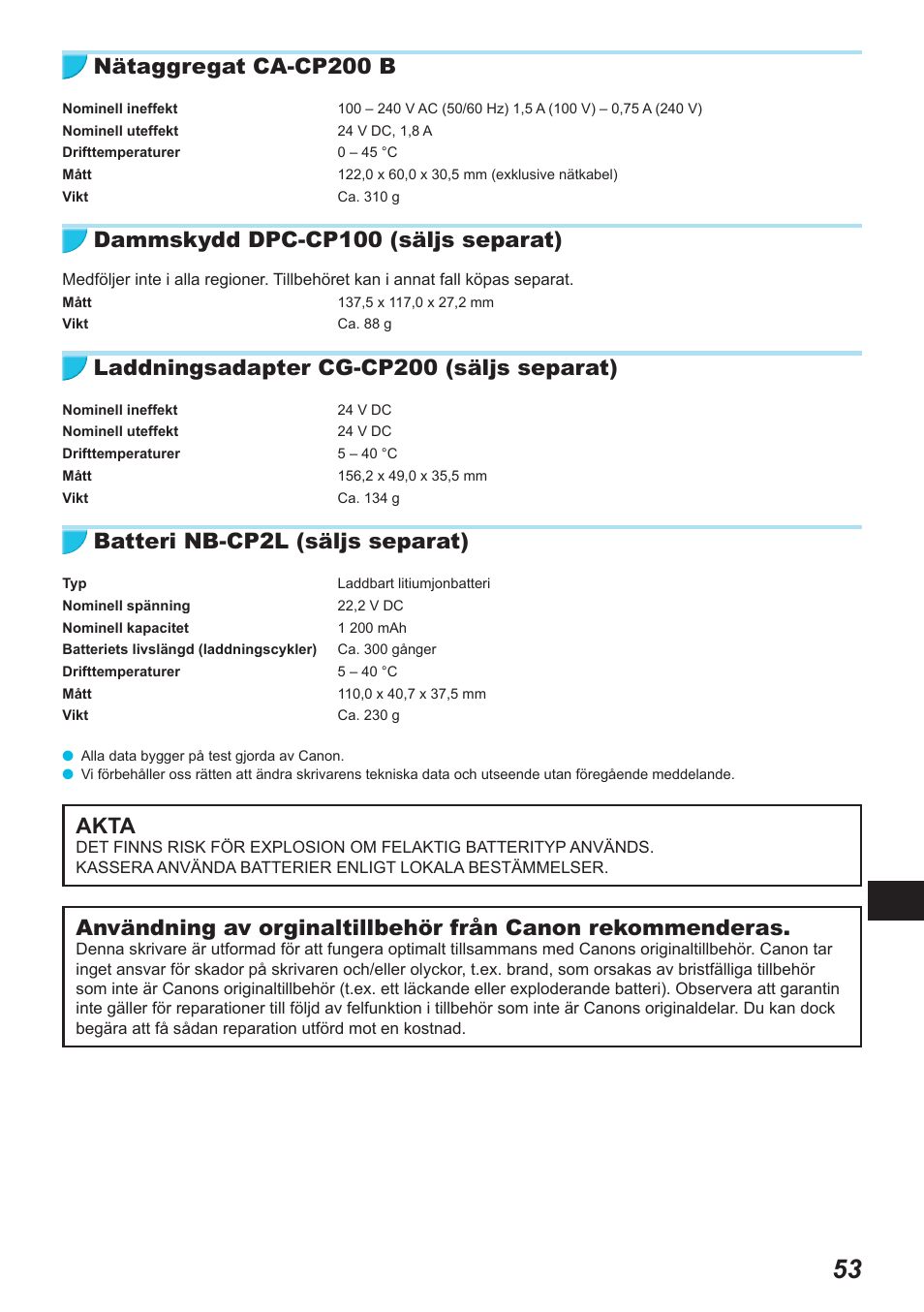 Nätaggregat ca-cp200 b, Dammskydd dpc-cp100 (säljs separat), Laddningsadapter cg-cp200 (säljs separat) | Batteri nb-cp2l (säljs separat), Akta | Canon SELPHY CP900 User Manual | Page 502 / 514