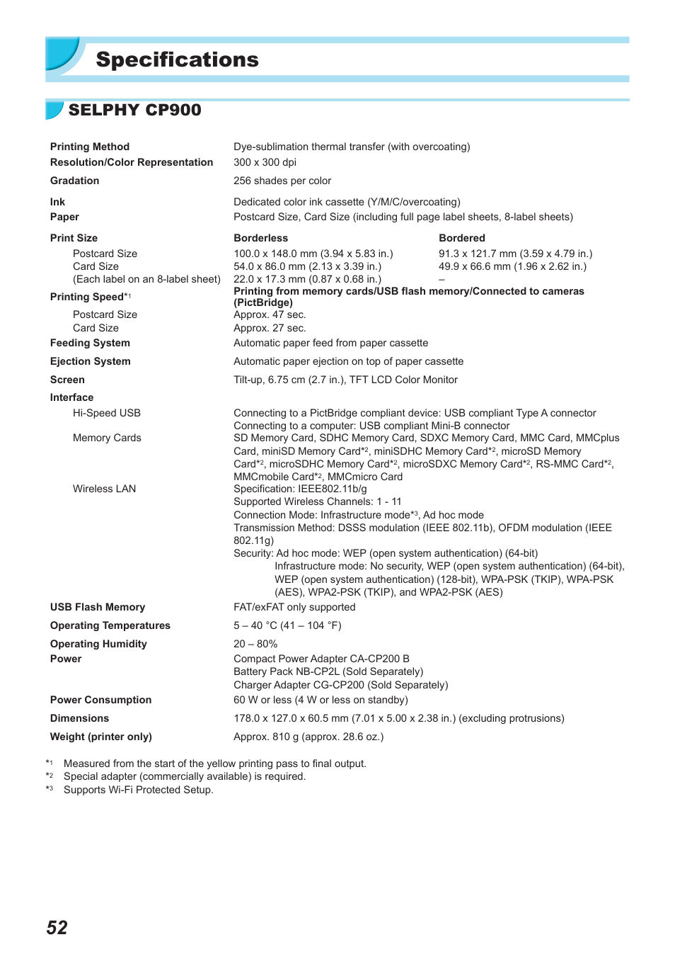 Specifications, Selphy cp900 | Canon SELPHY CP900 User Manual | Page 53 / 514