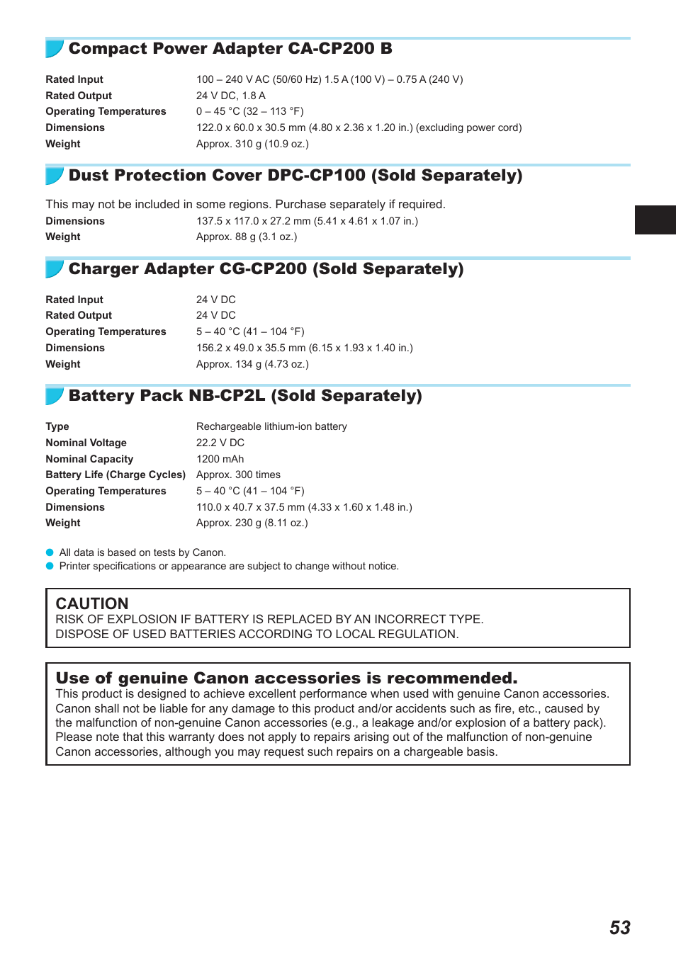 Compact power adapter ca-cp200 b, Dust protection cover dpc-cp100 (sold separately), Charger adapter cg-cp200 (sold separately) | Battery pack nb-cp2l (sold separately), Caution, Use of genuine canon accessories is recommended | Canon SELPHY CP900 User Manual | Page 54 / 514