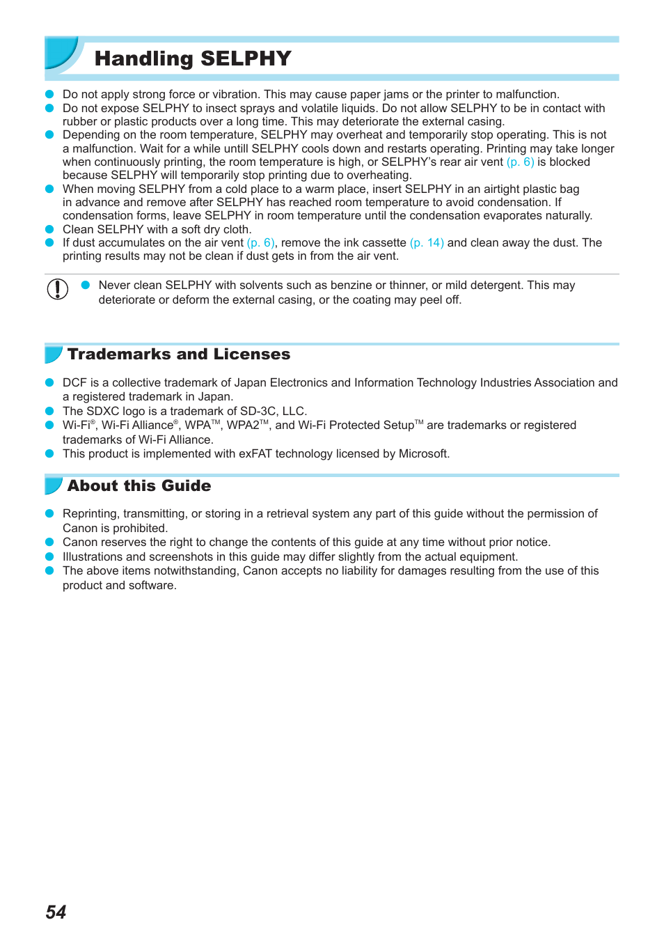 Handling selphy, Trademarks and licenses, About this guide | Canon SELPHY CP900 User Manual | Page 55 / 514