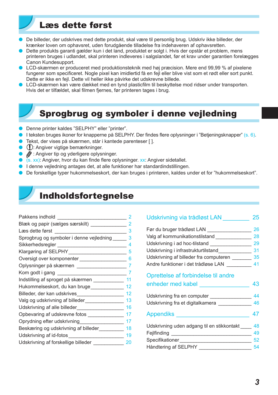 Læs dette først, Sprogbrug og symboler i denne vejledning, Indholdsfortegnelse | Canon SELPHY CP900 User Manual | Page 60 / 514