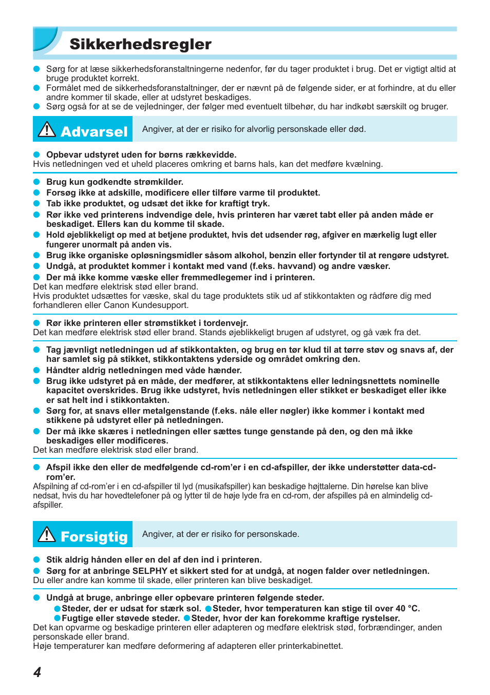 Sikkerhedsregler, Advarsel, Forsigtig | Canon SELPHY CP900 User Manual | Page 61 / 514