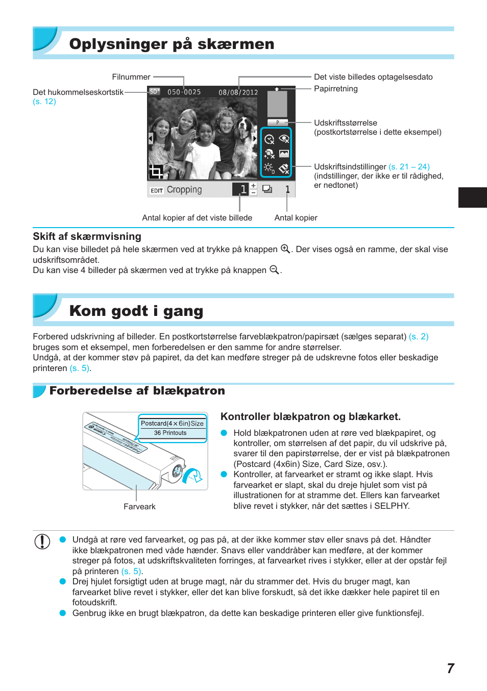 Oplysninger på skærmen, Kom godt i gang, Forberedelse af blækpatron | Canon SELPHY CP900 User Manual | Page 64 / 514