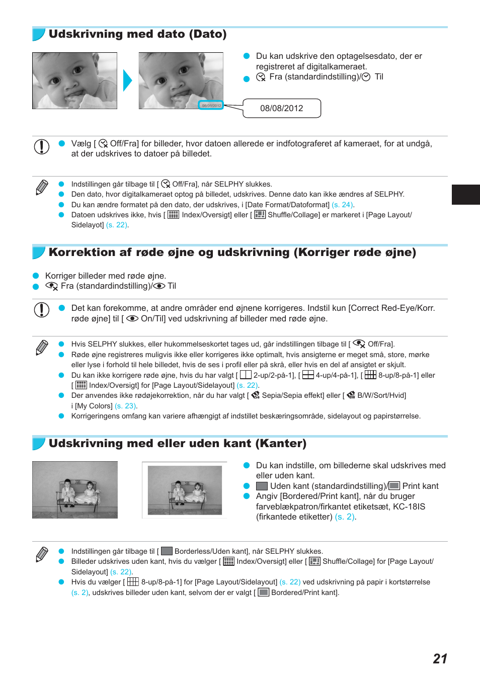 Udskrivning med dato (dato), Udskrivning med eller uden kant (kanter) | Canon SELPHY CP900 User Manual | Page 78 / 514