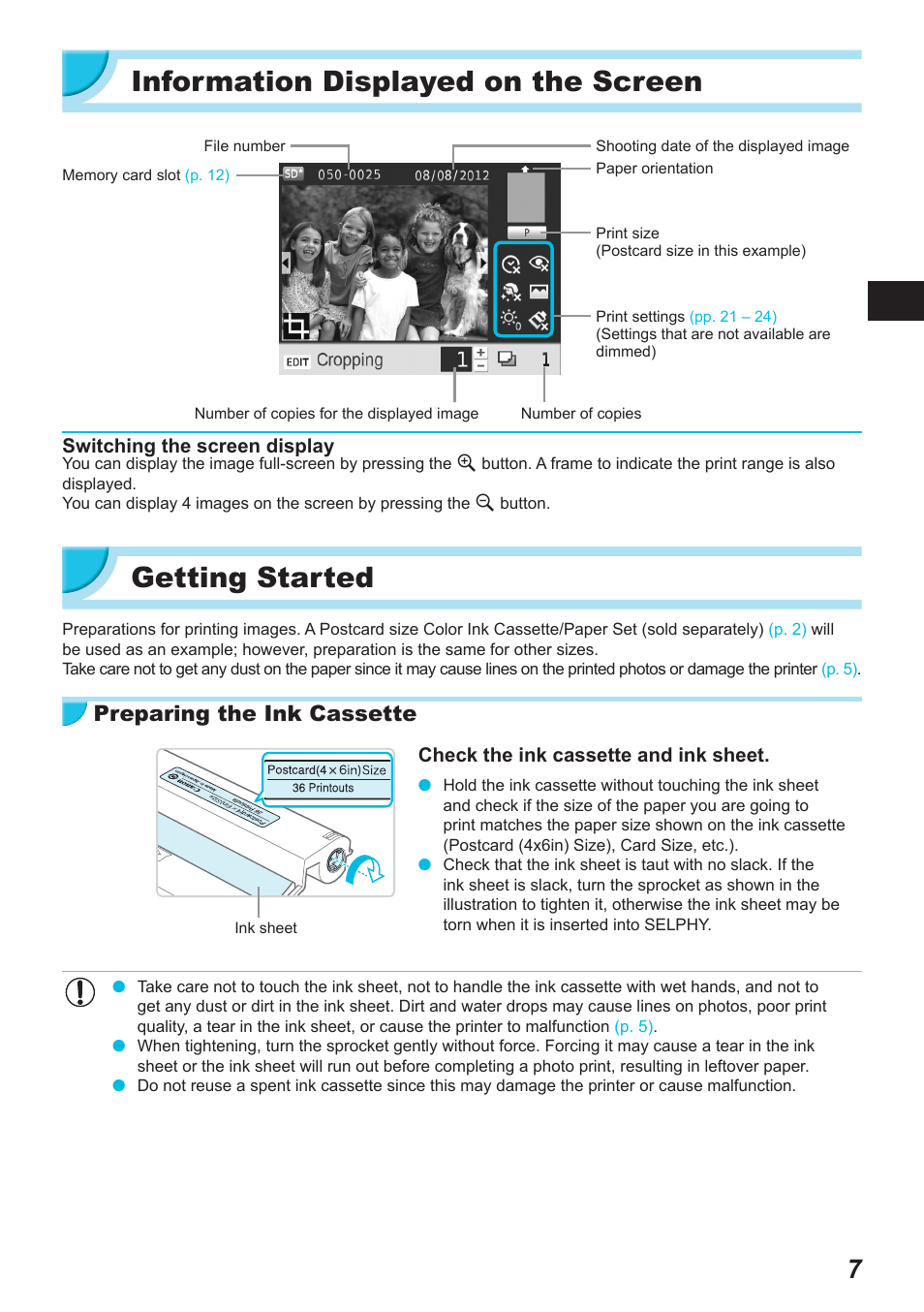 Information displayed on the screen, Getting started, Preparing the ink cassette | Canon SELPHY CP900 User Manual | Page 8 / 514