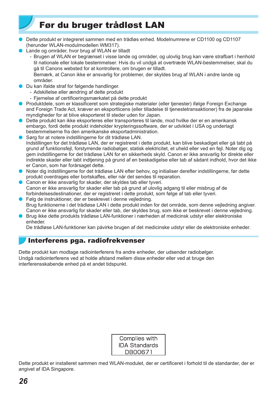 Før du bruger trådløst lan, Interferens pga. radiofrekvenser | Canon SELPHY CP900 User Manual | Page 83 / 514