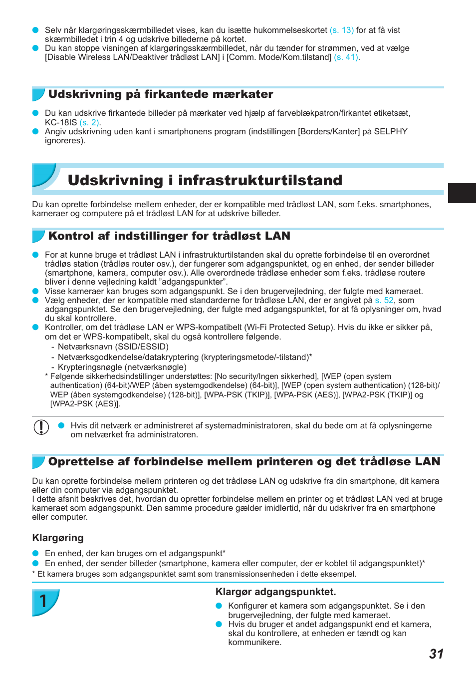 Udskrivning i infrastrukturtilstand, Udskrivning på firkantede mærkater, Kontrol af indstillinger for trådløst lan | Canon SELPHY CP900 User Manual | Page 88 / 514