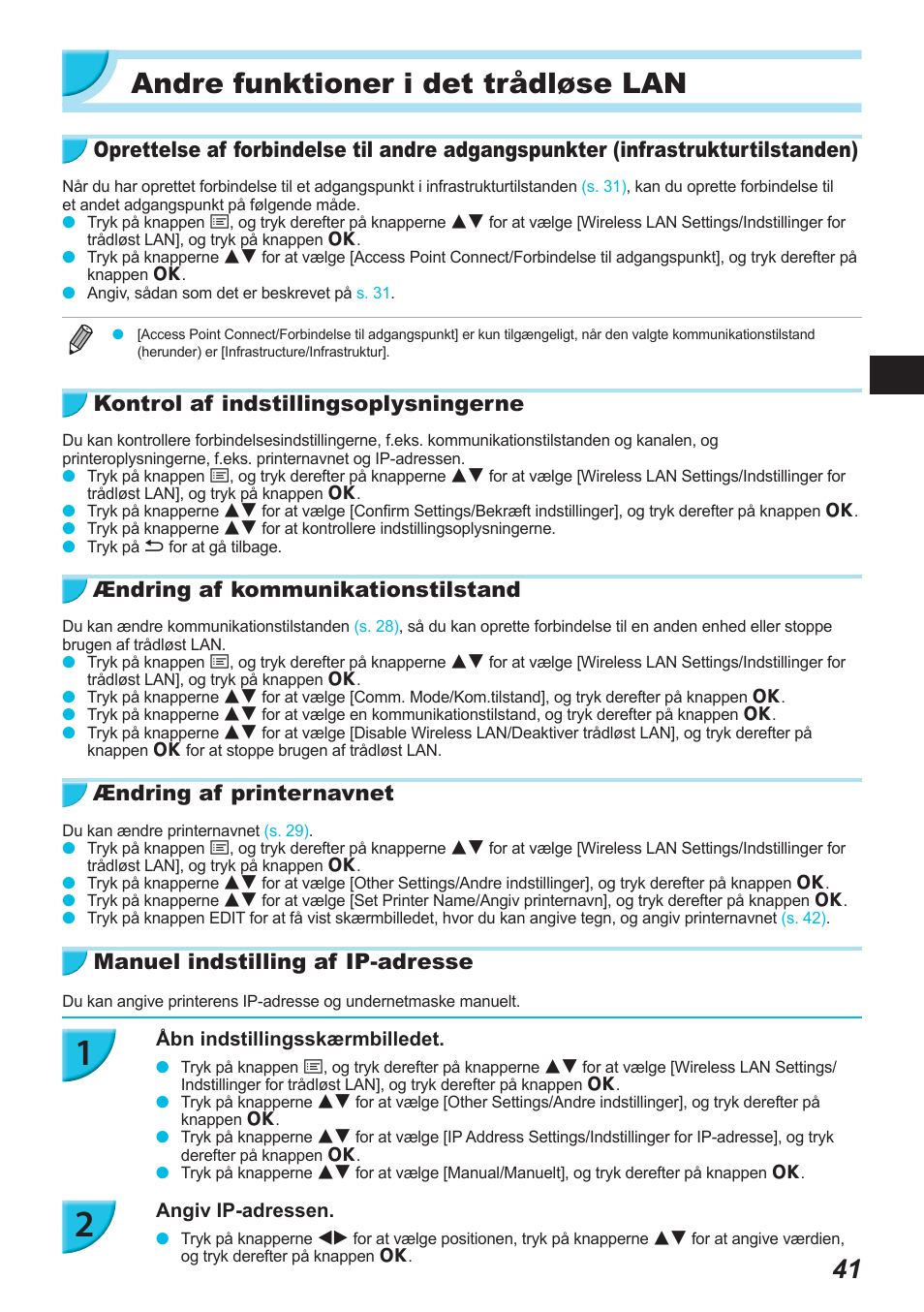 Andre funktioner i det trådløse lan, Kontrol af indstillingsoplysningerne, Ændring af kommunikationstilstand | Ændring af printernavnet, Manuel indstilling af ip-adresse | Canon SELPHY CP900 User Manual | Page 98 / 514