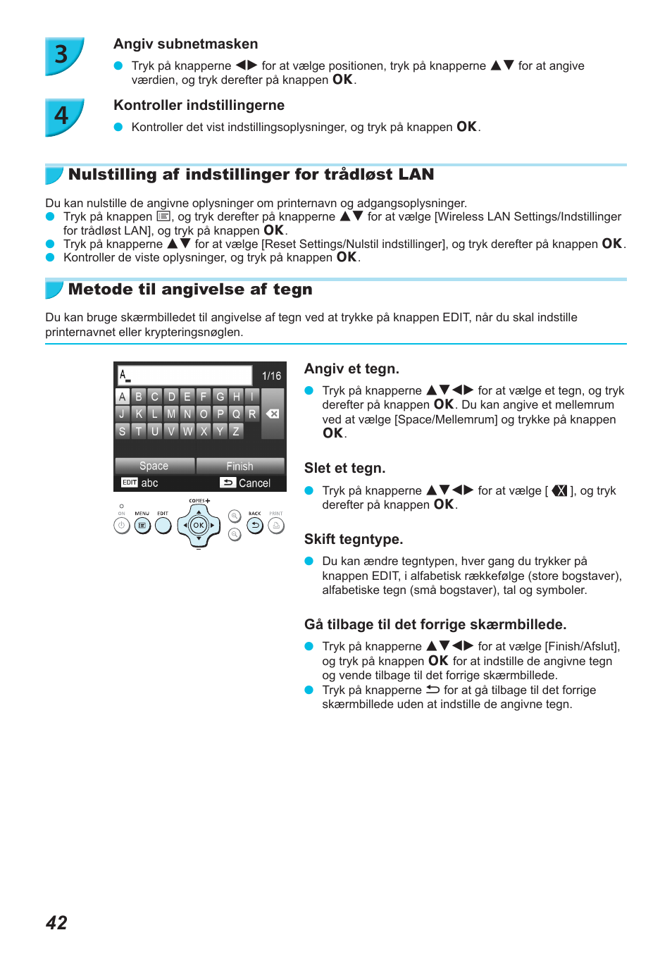 Nulstilling af indstillinger for trådløst lan, Metode til angivelse af tegn | Canon SELPHY CP900 User Manual | Page 99 / 514