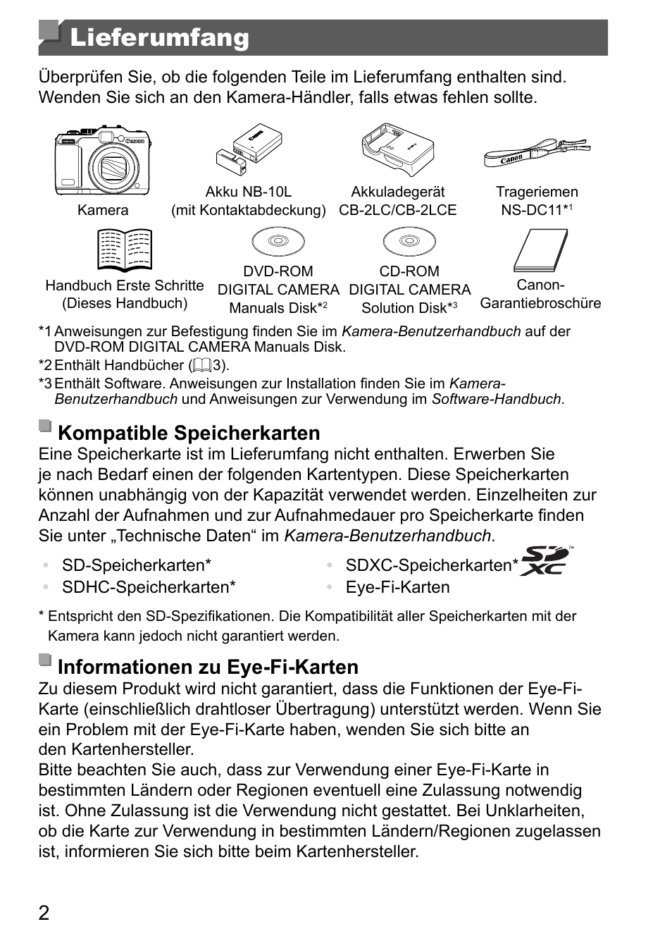 Lieferumfang, Kompatible speicherkarten, Informationen zu eye-fi-karten | Canon PowerShot G15 User Manual | Page 10 / 146