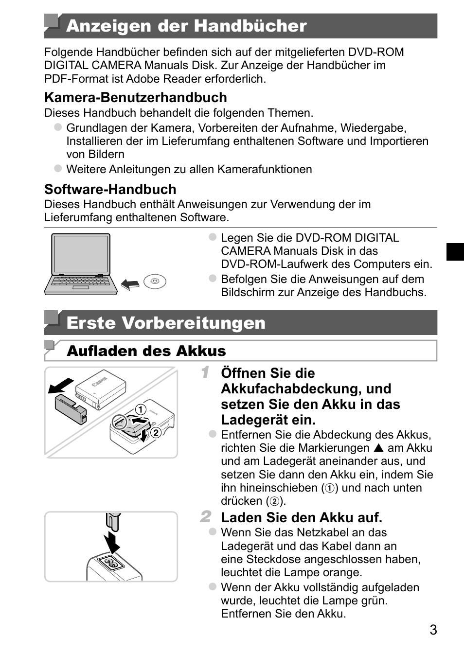 Anzeigen der handbücher, Erste vorbereitungen | Canon PowerShot G15 User Manual | Page 11 / 146